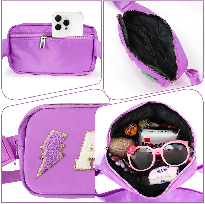 PainZieteg Fanny Pack for Girls Chenille A Letter Crossbody Bag, Preppy Nylon Kids Belt Bag for Birthday Christmas Graduation Personalized Gifts for Teen Girls, Purple - Image 2